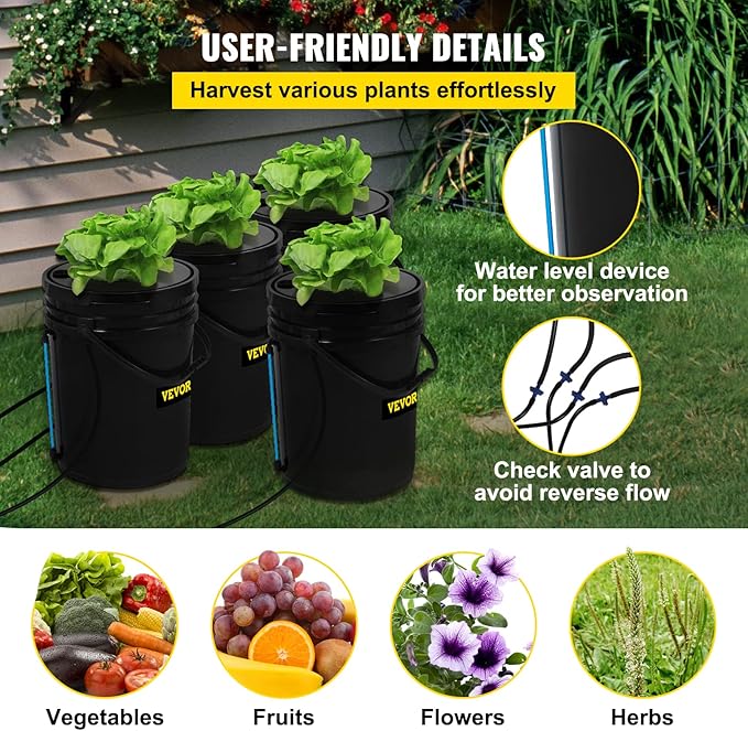 VEVOR DWC Hydroponic System 5 Gallon 4 Buckets Deep Water Culture Growing Bucket Hydroponics Grow Kit with Pump Air Stone and Water Level Device for Indoor/Outdoor Leafy Vegetables