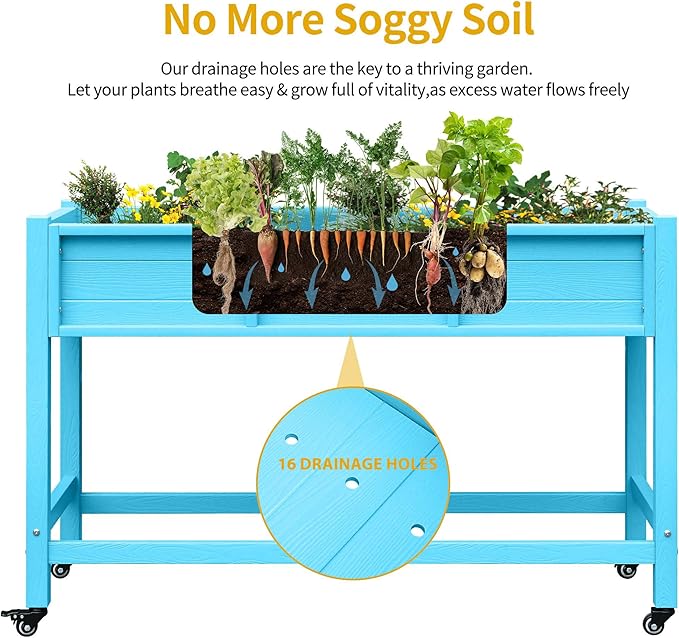 DWVO 47x18x31in Raised Garden Bed HDPE Weather-Resistant Poly Wood Planter Box Stand Planter Box with Legs &amp Lockable Wheels Elevated Garden Bed for Backyard Patio Balcony - Aruba Blue
