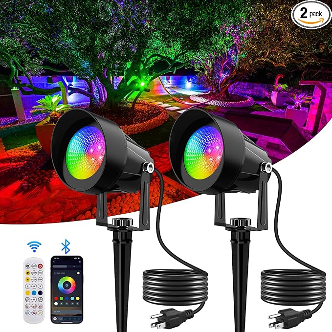 Spot Lights Outdoor Smart RGBW LED Color Changing Landscape Lights with APP and Remote Control Music Mode DIY Scenes Timing IP65 Waterproof Spotlights Plug in for Yard Garden 2 Pack