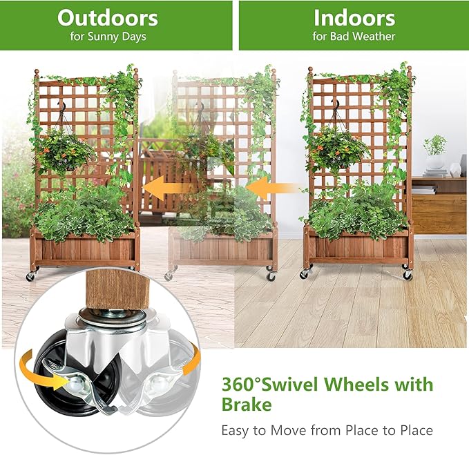 Giantex Set of 2 Mobile Plant Raised Bed Wood Planter with Lattice Trellis and Wheels Flower Box for Plant Climbing Vertical Garden for Balcony Patio Yard 25x11x 50
