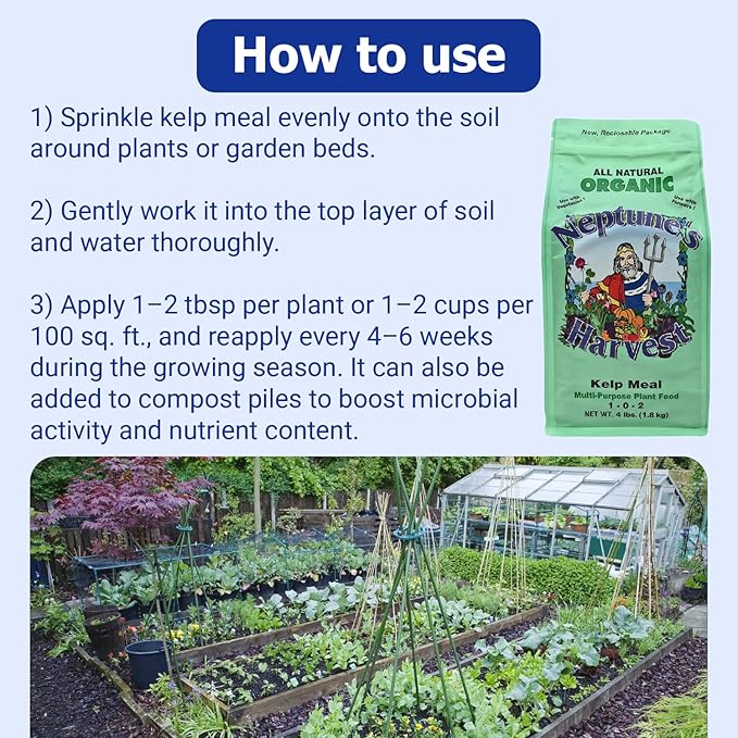 Neptune’s Harvest Organic Kelp Meal Plant Food (1-0-2) - 4 lb Resealable Bag - Multi-Purpose Seaweed Fertilizer - Indoor &amp Outdoor Plant Fertilizer for Lawns Gardens Vegetables &amp Bulbs