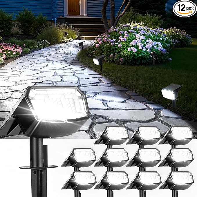Solar Spot Lights Outdoor IP67 Waterproof 12 Pack 63 LED 3 Modes Solar Landscape Spotlights for Yard Garden Pathway Wall House Garage (Cool White)