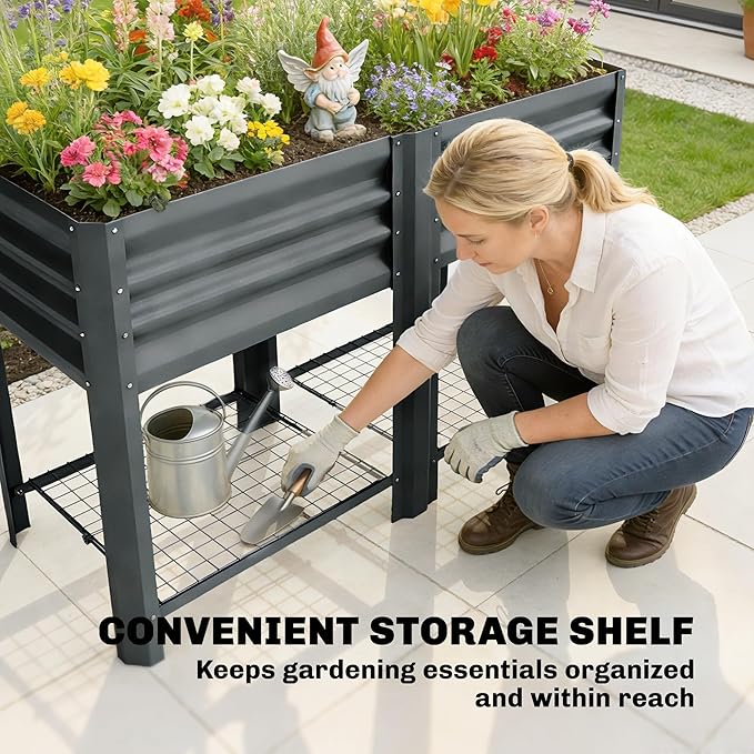 Outsunny Galvanized Steel Raised Garden Bed with Storage Shelf and Bed Liner Elevated Planter Box with Legs for Flowers Vegetables and Herbs for Outdoor Patio Yard Glove Included Dark Gray