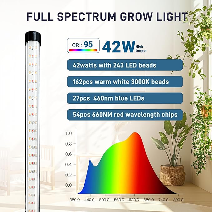 T8 LED Standing Grow Light for Indoor Plants with Timer 42W Full Spectrum Plant Light with 243 LEDs 4FT Height Tripod Stand Wide Coverage Floor Grow Lamp