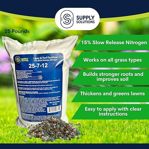 Supply Solutions 25-7-12 Lawn and Turf Fertilizer - 15% Slow Release Nitrogen Lawn Fertilizer for All Grass Types Shrubs - Turf Builder Plant Food Covers 12500 sq.ft (50lbs)