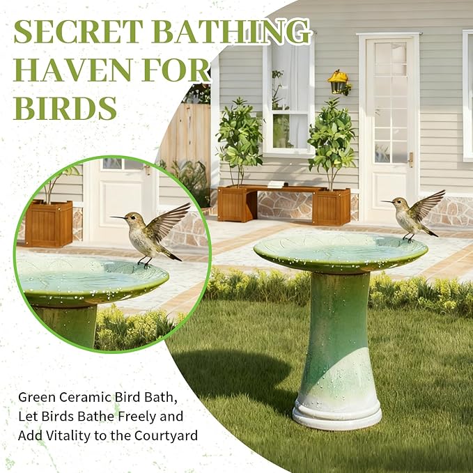 Handmade Green Gradient Glaze Ceramic Bird Bath 16.93 inch Diameter 18.11 inch Height Outdoor Gfor Birds Bathing Feeding Lightweight Weather Resistant