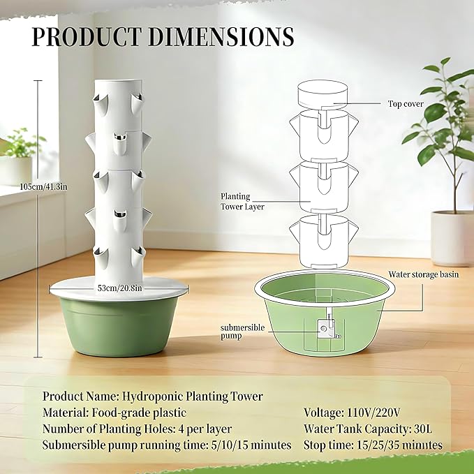 Multi-Layer hydroponic Planting Tower Vertical Garden Planter Golden Ratio Hole Layout hydroponics with Water Tank and Pump LED Grow Lights for Fruits and Vegetables Nolights-5Layer