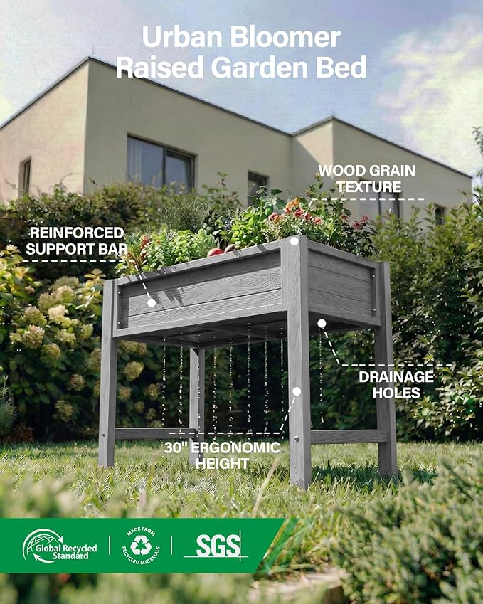 YEFU Raised Garden Bed with Legs: 34x18x30in Grey HIPS Elevated Outdoor Planter Box for Vegetables Herbs Flowers - Patio/Balcony/Backyard Gardening - Effortless Design for Easy Growing