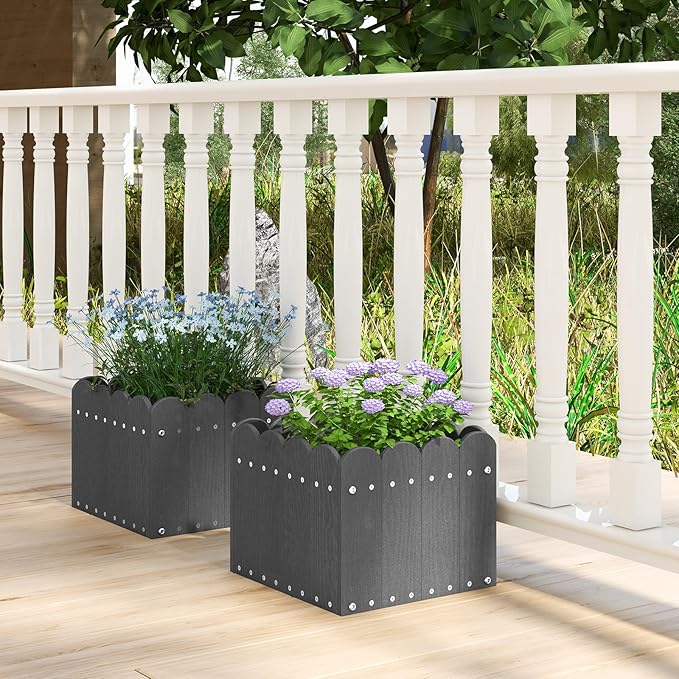 Giantex Set of 2 Raised Garden Bed Weather-Resistant HDPE Planter Boxes with Drain Gaps Square Flower Pots for Vegetables Flowers Fruits Plant Raised Beds for Front Porch Garden Balcony Grey