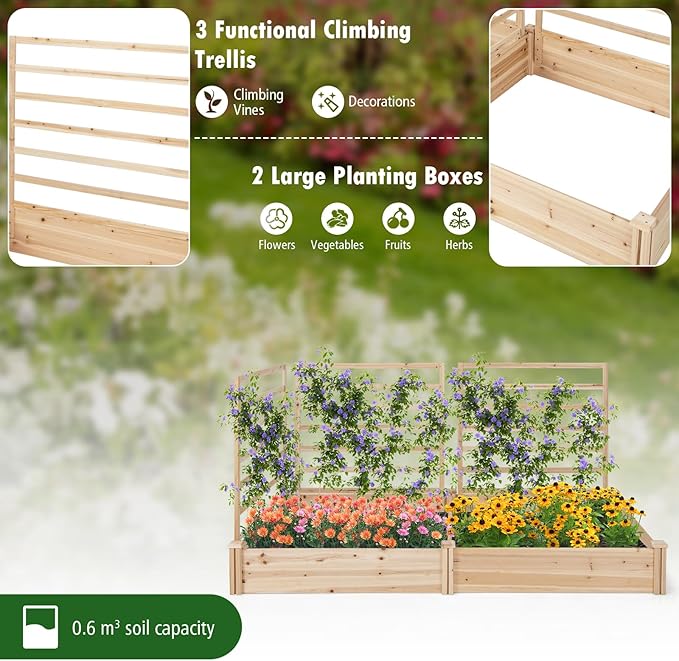 Raised Garden Bed with 3 Trellises 2 Large Wooden Planter Boxes with Trellis for Vine Climbing Plants Flowers Modular Design for Outdoor Garden Patio Backyard 88L x 45W x 43H Natural
