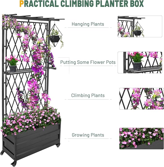 Metal Planter Box with Lattice Trellis and Wheels 70 inches Tall Heavy Duty Planter Box &amp Raised Garden Bed with Trellis for Climbing Plants Flowers with Drainage Holes 30Lx12Wx70H Inches