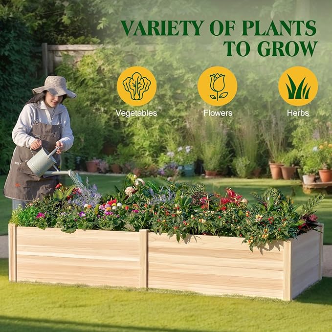 SPECRAFT 8x4 Ft Wood Raised Garden Bed Durable 15 Inch Depth Planter Box for Vegetables Herbs and Flowers Ideal for Outdoor Gardening with Open Base