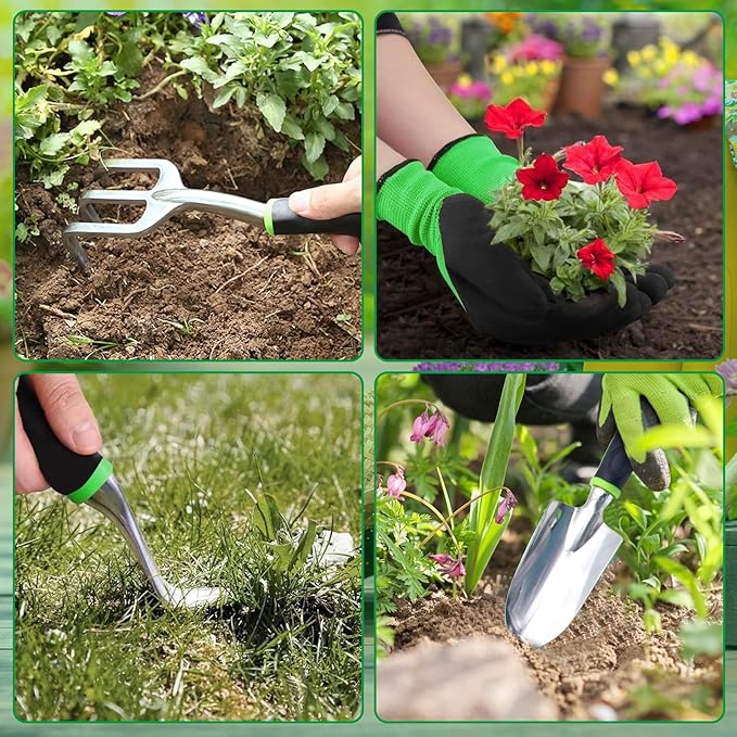 Garden Tool Set with Tote Bag 9-Piece Aluminum Hand Tools Including Pruning Shears Spade Rake &amp Gloves for Digging Weeding &amp Transplanting
