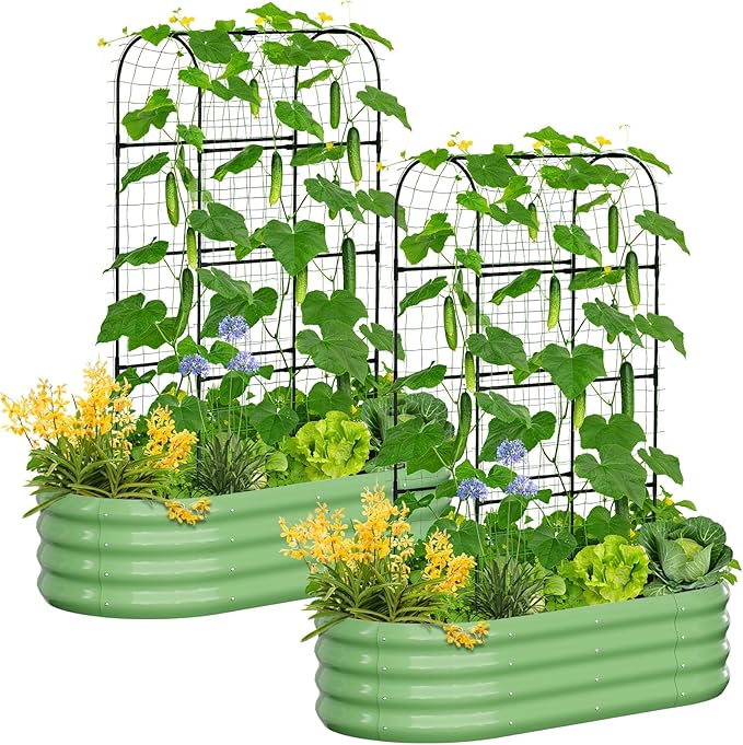SUNYRISY 2Pack Galvanized Raised Garden Bed with 71in Arch Trellis for Climbing Plants Outdoor Planter Box with Climbing Net for Gardening Flowers Vegetables Fruits Herbs Green