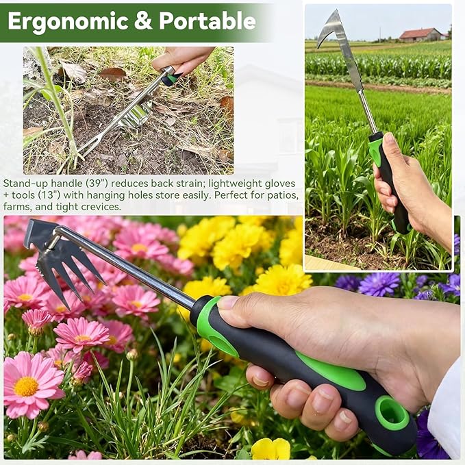 Stand Up Hand Weeding Tool Set Heavy Duty Stainless Steel Weed Puller for Lawn &amp Garden with 4-Claw Digger Crack Weeder and Ergonomic Rubber Handle Manual 3 Pieces