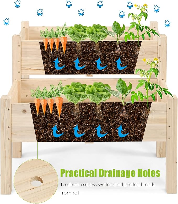 COSTWAY 2-Tier Raised Garden Bed Sturdy Fir Wood Elevated Planter with Legs for Vegetables Herbs &amp Flowers – Indoor &amp Outdoor Use Natural Finish