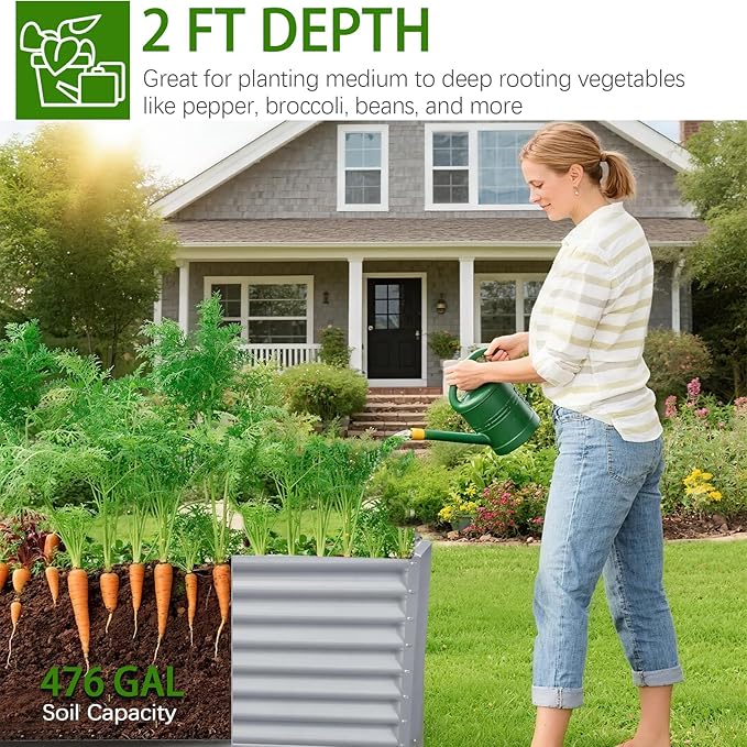 8x4x2ft Galvanized Raised Garden Bed Planter Raised Garden Boxes Outdoor Large Metal Raised Beds for Gardening Garden Bed for Vegetables Flowers Herb Silver