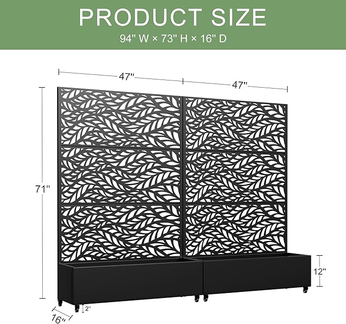 Casaphoria 72x47 Metal Raised Garden Bed with Trellis(2 Pack) Outdoor Planter Box with Wheels &amp Drainage Holes for Climbing Plants Flowers Elevated Garden Kit Black-Spring