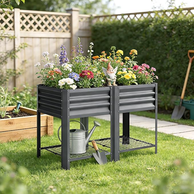 Outsunny Galvanized Steel Raised Garden Bed with Storage Shelf and Bed Liner Elevated Planter Box with Legs for Flowers Vegetables and Herbs for Outdoor Patio Yard Glove Included Dark Gray