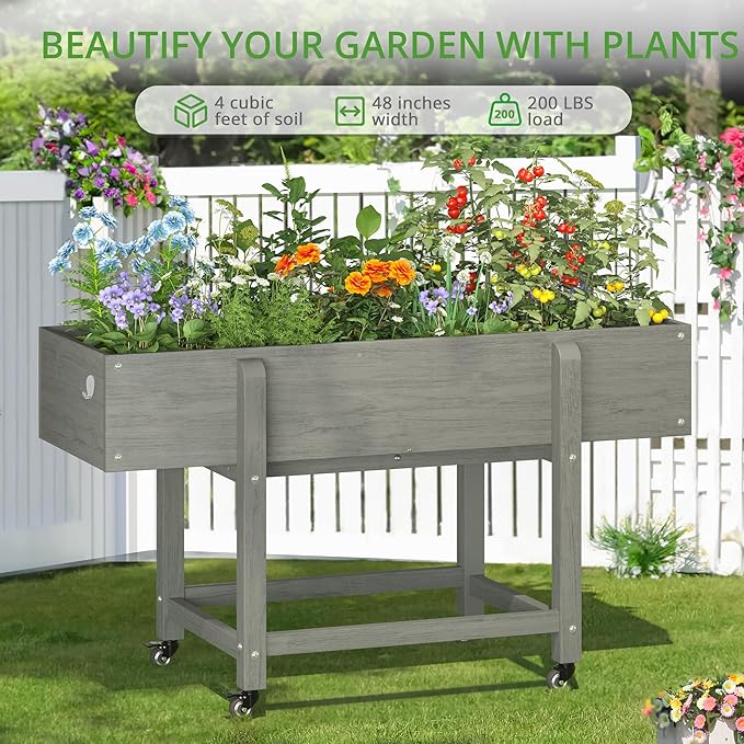 LUE BONA Raised Garden Bed with Wheels 48 * 16.7 * 28 in Poly Elevated Outdoor Planter Box with Tools Weather Resistant Standing Growing Bed Herb Planter for Vegetable Flowers Fruits