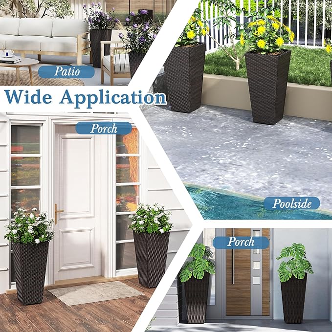 HAPPYGRILL 30 Tall Plant Pot Set of 2 Modern Decorative Flower Pots w/Open-Ended Base PE Rattan Frame Non-Woven Soil Bag Square Textured Flower Pots for Outdoor Garden Patio Front Porch