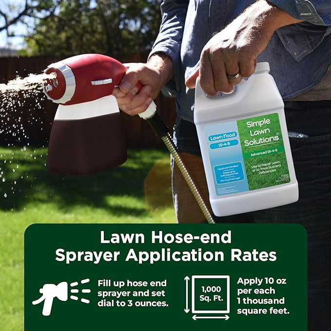 Advanced 16-4-8 Lawn Fertilizer - Liquid Lawn Food Spring &amp Summer Concentrated Spray - Any Grass Type- Fish and Seaweed Kelp- Balanced NPK - Simple Lawn Solutions (64 Ounce)