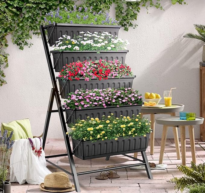 SEJOV 4FT Vertical Raised Garden Bed 5 Tiers Elevated Planter Box for Herbs Vegetables Flowers Graden Vertical Planter with Drainage System for Patio Balcony Garden Outdoor Indoor Plants (Black)