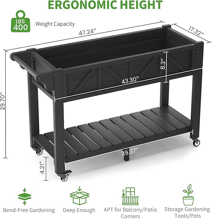 HIPS All-Weather Raised Garden Bed with Legs47.2L x 17.3W x 29.7H Large Elevated Planter Box with Wheels &amp HandleRaised Bed Planters with 3 Hooks &amp Non-Woven Liner for Vegetables Flower H