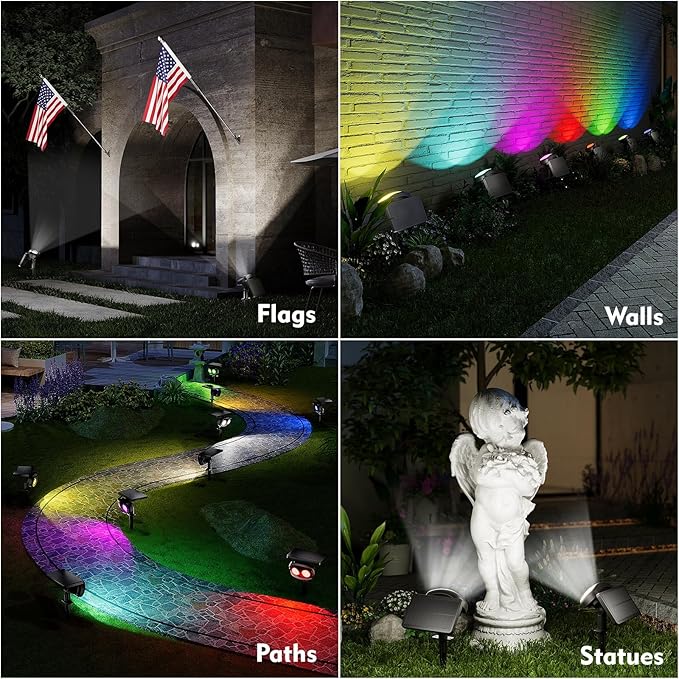 Solar Spot Lights Outdoor Waterproof IP68 RGB Colors Changing Solar Lights with 4 Lighting Modes Solar Powered Lights Outdoor for Garden Yard Outside Landscape (2Pack)