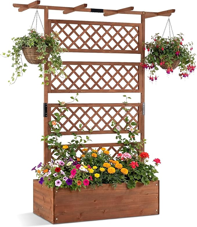 Giantex Raised Garden Bed with Trellis 72'' Wooden Planter Box Outdoor w/Privacy Screen Roof Large Vertical Garden Planter w/Drainage Holes for Climbing Plants Patio Balcony Backyard