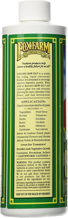 FoxFarm Grow Big Liquid Plant Food - 6-4-4 House Plant Fertilizer for Lush Vegetative Growth Fast Nutrient Uptake for Roses Tomatoes &amp Veggies - Pint Size Concentrate