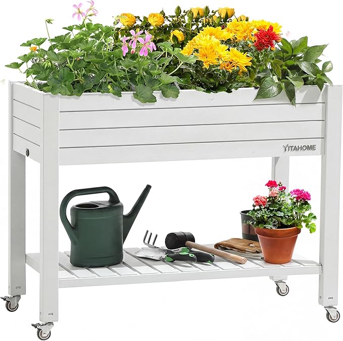 YITAHOME 3.6x1.5x2.8 FT Elevated Garden Bed Kit with Legs and Wheels Outdoor Large Resin Planter Box Stand with Drain Plug and Storage Shelf for Plants Vegetables Fruits Grayish-White