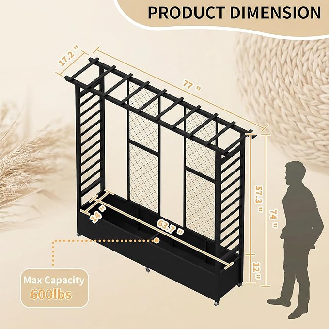 74 Mobile Planter with TrellisWeatherproof Vertical Raise Garden Bed with Trellis &amp Hanging Roof for Climbing PlantsFlowersVegetablesRust-Proof Metal Privacy Planter for Patio (Black-B)