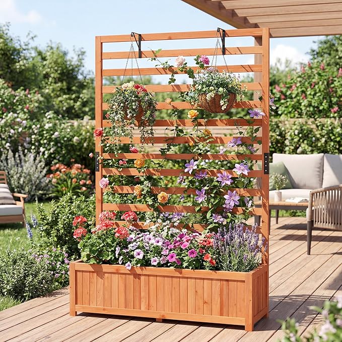 IRONMAX Raised Garden Bed with Trellis Wood Planter Box with Liner Drainage Gaps for Climbing Plants Vines Flowers Vegetables Outdoor Privacy Screen Planter for Patio Porch Backyard