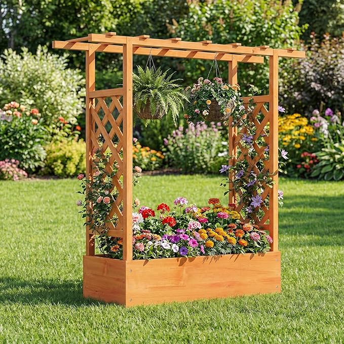 Raised Garden Bed with Trellis Wood Planter Box w/Trellis Hanging Roof Drainage Holes Freestanding Planter Raised Bed for Outdoor Climbing Plants Flowers Patio Yard Balcony (2 Orange)