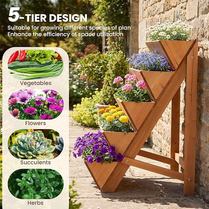 HAPPYGRILL Vertical Raised Garden Bed Freestanding Wood Elevated Planter Box w/Legs for Growing Vegetables Flowers Herbs Indoor Outdoor Tiered Plant Stand for Patio Yard Balcony Corner (25-Tier)