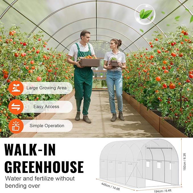 VEVOR Walk-in Tunnel Greenhouse 14.6x6.4x6.3 ft Hoop House Greenhouse Tunnel Plant Hot House with Galvanized Steel Frame White PE Cover Roll-up Zipper Door and 8 Windows for Outdoor
