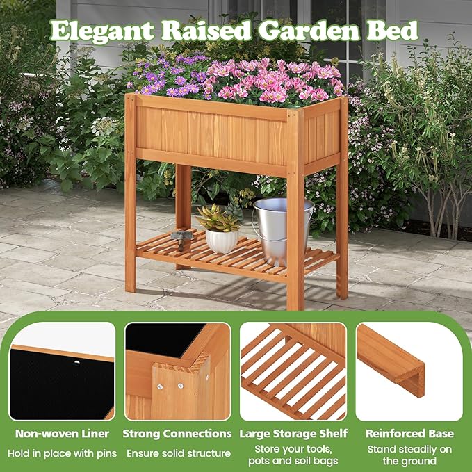 2-Tier Elevated Garden Planter Bed Fir Raised Garden Bed Outdoor with Legs &amp Storage Shelf for Vegetables Flowers &amp Herbs Wooden Planter Box Raised Bed for Gardening Balcony &amp Porch