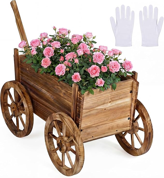 Giantex Wood Wagon Planter Rustic Rolling Flower Pot Stand with Wheels Handle &amp Drainage Hole for Growing Vegetables Herbs Indoor Outdoor Decorative Cart for Patio Balcony Garden