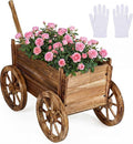 Giantex Wood Wagon Planter Rustic Rolling Flower Pot Stand with Wheels Handle &amp Drainage Hole for Growing Vegetables Herbs Indoor Outdoor Decorative Cart for Patio Balcony Garden