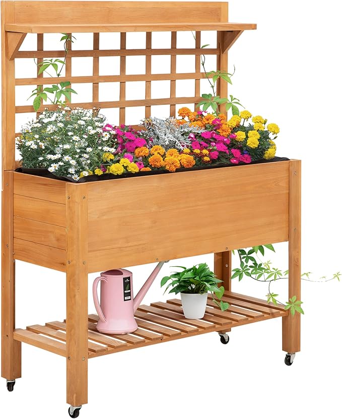 Outsunny 41 Raised Garden Bed with Trellis on Wheels Wooden Elevated Planter Box with Legs and Bed Liner for Flowers Herbs &amp Vegetables Brown