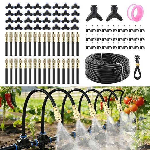 Automatic Drip Irrigation Kits - Garden Watering System with 360° Bendable Spray Adjustable Copper Atomizing Nozzles for Yard Lawn Raised Bed Greenhouse Potted Plants (40 Nozzles 200FT Hose)