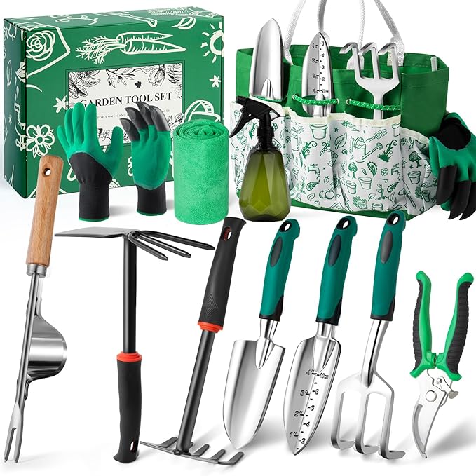 Garden Tool Set for Women 12pcs Heavy Duty Gardening Tools Cute Gardening Supplies Gifts for Women Mom Garden Hand Tools with Fashion Organizer Handbag Garden Tools for Gardening Planting Green