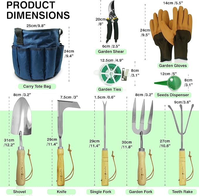 Garden Tools Set – Premium Stainless Steel Gardening Hand Tools with Solid Beechwood Handle – Gardening Kit with Rake Shovel Gloves Shears Tool Organizer – Garden Gifts for Women and Men