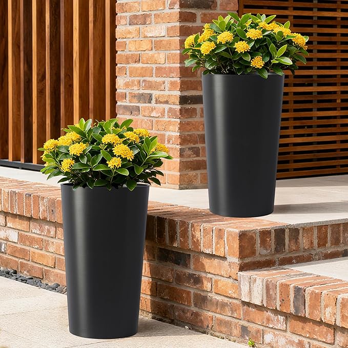 2 Pack Tall 21.7 in for Outdoor Plants Tall Square Planter Box Indoor Outdoor Porch Patio Flower Pot Big Tapered Matte Tree Flower Pot for Garden (Black)