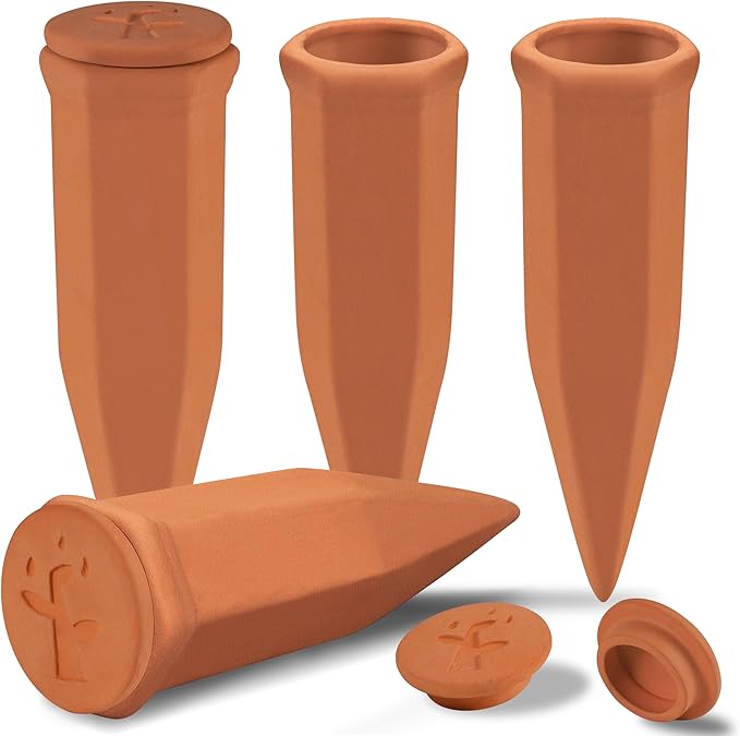 Large Terracotta Watering Spikes with Lids Automatic Plant Waterer Outdoor | Indoor Vacation Friendly Clay Plant Watering Devices System Slow Release Self Watering Planter Insert 4 Pack