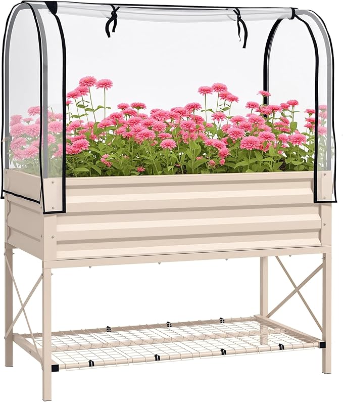 Outsunny Raised Garden Bed with Cover and Storage Shelf Rectangular Metal Elevated Planter Box with Legs and Bed Liner for Vegetables Flowers Herbs Cream