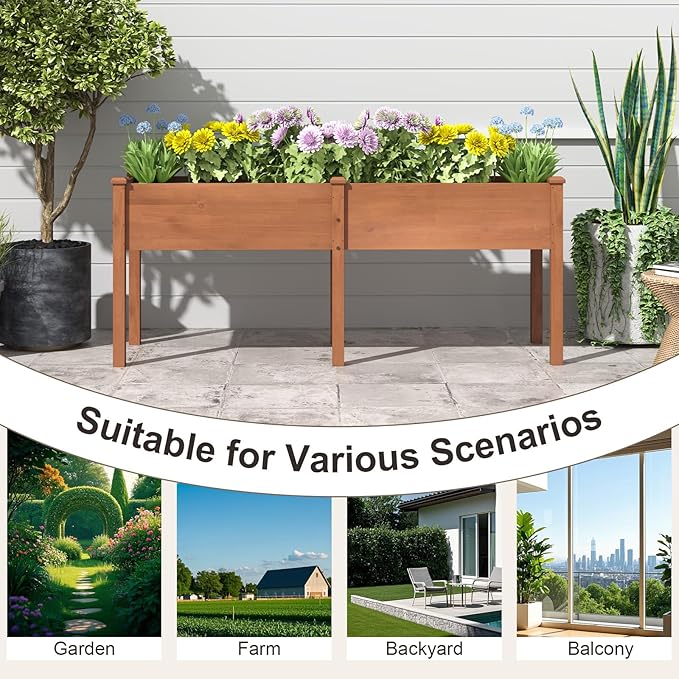 HAPPYGRILL Raised Garden Bed Outdoor Planter Raised Bed w/Drainage Holes Divider Panel 6 Supporting Legs Elevated Wood Planter Box for Backyard Patio Balcony 73” x 23” x 30” (L x W x H) (Brown)