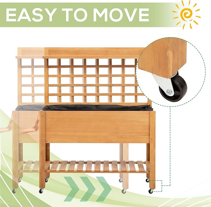 Outsunny 41 Raised Garden Bed with Trellis on Wheels Wooden Elevated Planter Box with Legs and Bed Liner for Flowers Herbs &amp Vegetables Brown