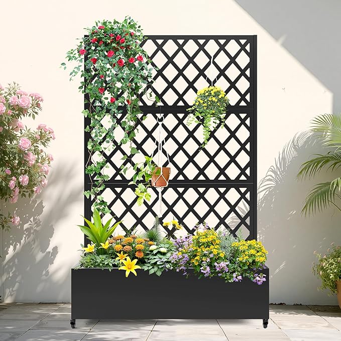 Metal Planter Box with Trellis Planter Box with Privacy Screen Privacy Trellis Outdoor for Climbing Plants with Drainage Holes Raised Garden Bed with Wheels